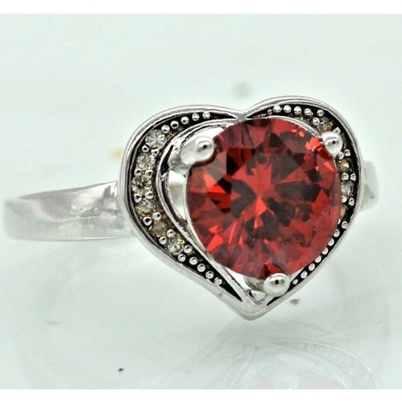 925 STERLING HEART ring, red ruby gemstone size 8 - Picture 2 of 9